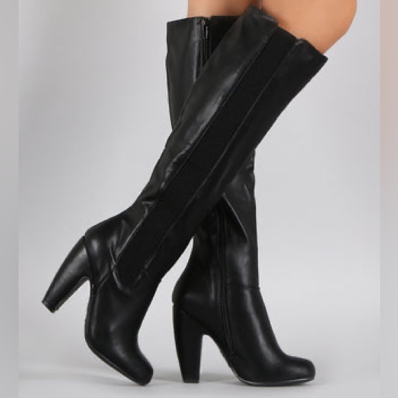 Bamboo Cuff Elastic Gore Chunky Heeled Knee High Boots